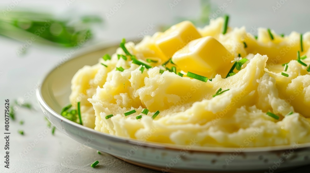 Comforting scene of mashed potatoes with butter melting on top, fluffy and inviting, studio lighting, plain background Comforting scene of mashed potatoes with butter melting on top, fluffy and inviting, studio lighting, plain background