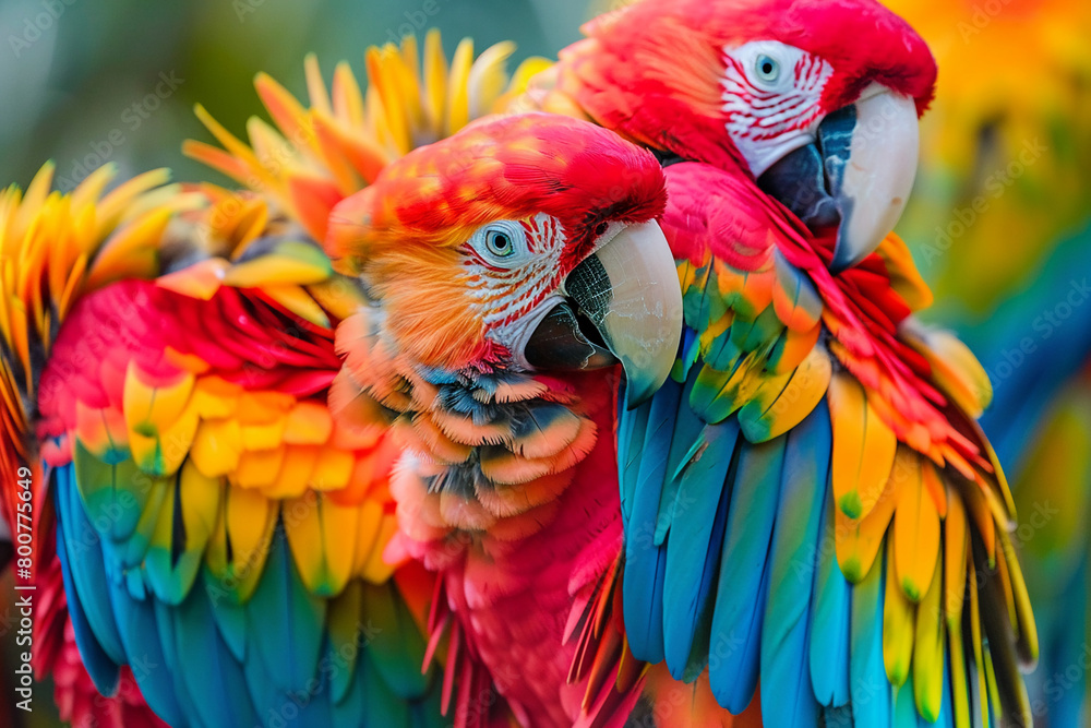 Obraz premium Exotic birds flaunt their vibrant plumage in a kaleidoscope of colors.
