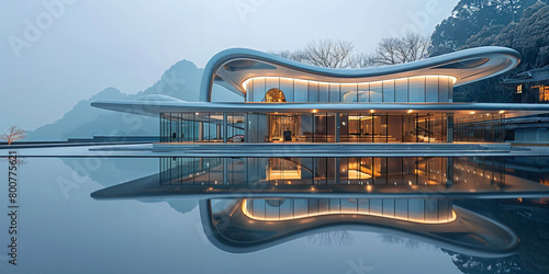 architecture, full chrome and reflective material, exaggerated shapes, avant-garde architecture, futuristic look