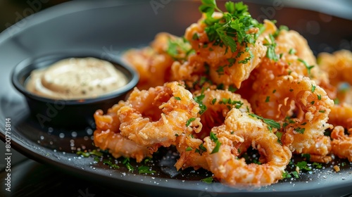Crispy fried calamari with a side of aioli, beautifully presented on a black matte dish, expertly illuminated with high-key lighting