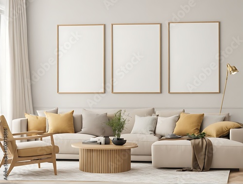  Frame mockup Living room wall poster mockup. Interior mockup with house background. Modern interior design. 3D render 