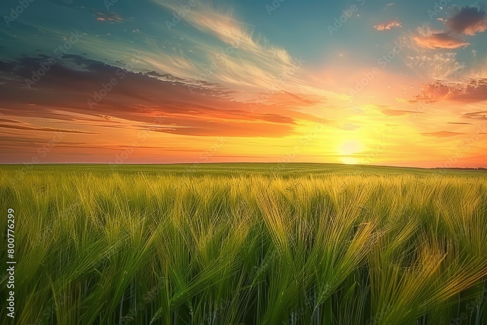 Step into a scene of timeless beauty as you watch the sun rise over a vast wheat field, painting the sky with hues of pink and gold as, Generative AI