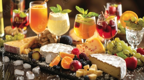 A tantalizing spread of gourmet cheese selections paired with colorful fruitinfused mocktails.