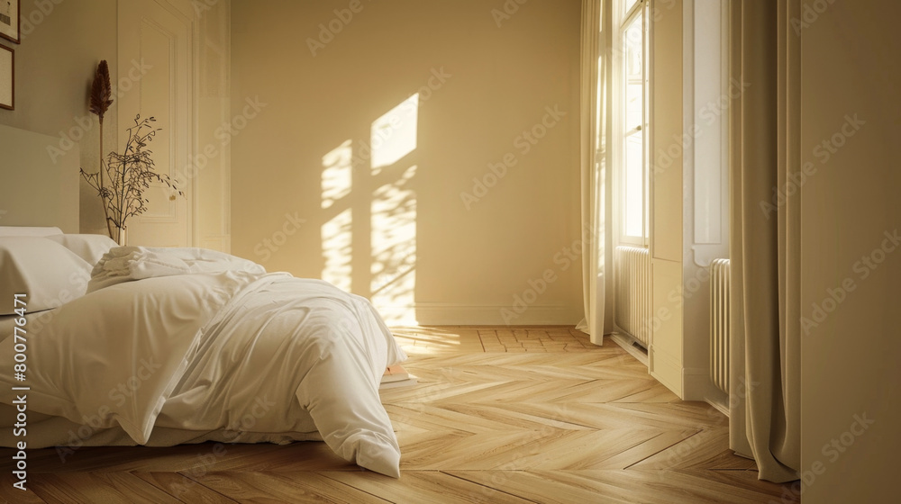 A bedroom with a white bed and a vase of flowers on the nightstand. The room is bright and airy, with sunlight streaming in through the window. The curtains are drawn back A bedroom with a white bed and a vase of flowers on the nightstand. The room is bright and airy, with sunlight streaming in through the window. The curtains are drawn back