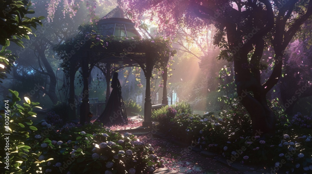 In a far corner of the garden a secluded gazebo stands covered in shimmering vines and blooming with iridescent flowers. Inside a . . In a far corner of the garden a secluded gazebo stands covered in shimmering vines and blooming with iridescent flowers. Inside a . .