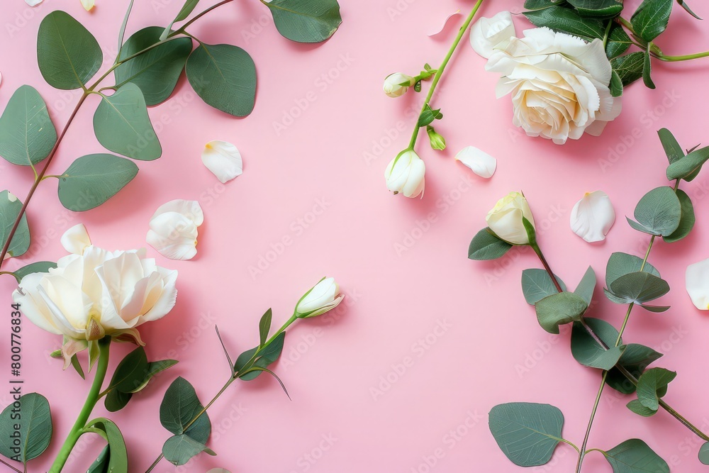 Floral background. Beautiful freesia flower and eucalyptus branches on a pink background. Minimalism. Flat lay, top view. Place for text. Floral background. Beautiful freesia flower and eucalyptus branches on a pink background. Minimalism. Flat lay, top view. Place for text.