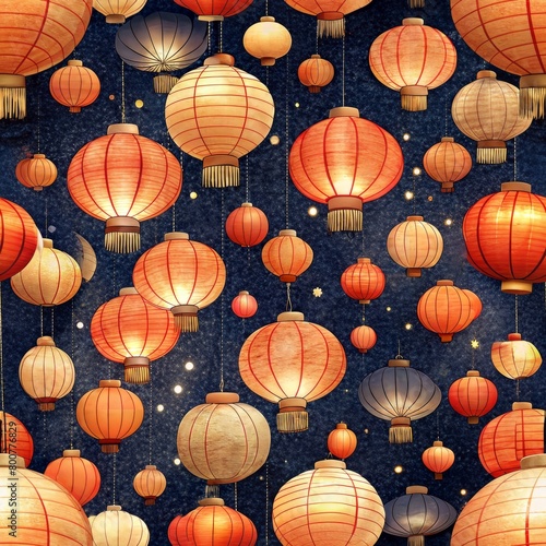 Seamless pattern of traditional Japanese paper lanterns illuminating a nighttime festival, Generative AI
