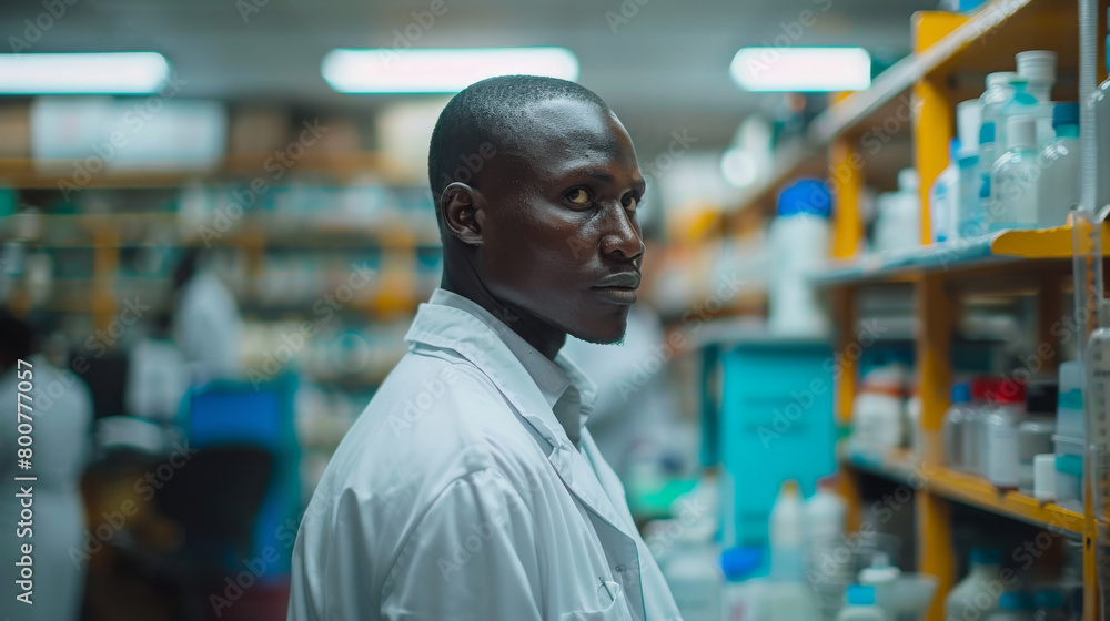 A man in a white lab coat stands in front of a shelf of medicine bottles A man in a white lab coat stands in front of a shelf of medicine bottles