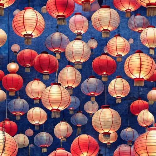 Seamless pattern of traditional Japanese paper lanterns illuminating a nighttime festival, Generative AI