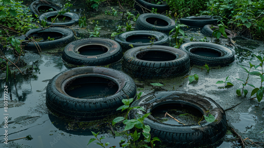 A bunch of old tires are floating in a pond A bunch of old tires are floating in a pond