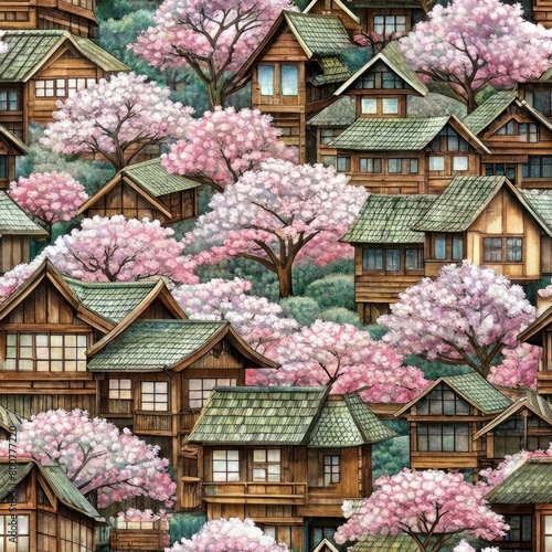 Seamless pattern of traditional wooden houses nestled among cherry blossom trees, Generative AI