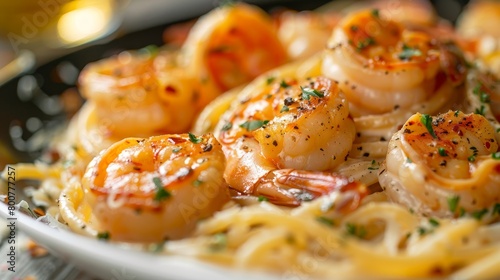 Decadent seafood pasta, loaded with shrimp and scallops, creamy sauce, close-up to showcase the rich textures and vibrant colors under studio lights