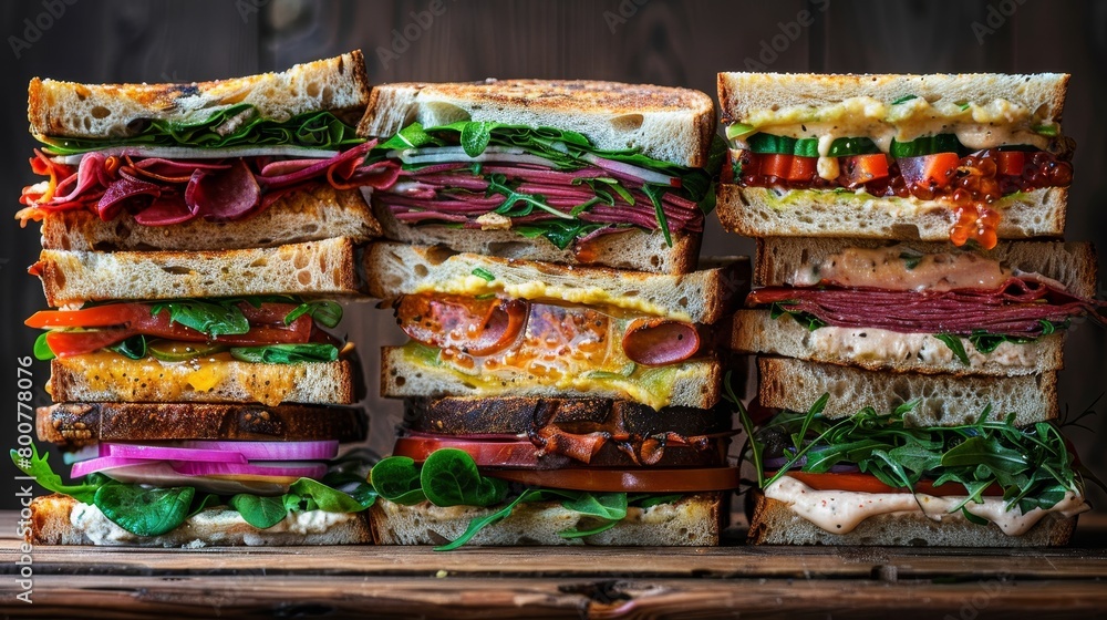 Delightful display of classic sandwiches, loaded with fresh cuts and lush greens, served on artisan breads, raw style with studio lighting, isolated backdrop Delightful display of classic sandwiches, loaded with fresh cuts and lush greens, served on artisan breads, raw style with studio lighting, isolated backdrop