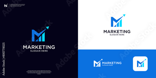 Letter M marketing growth logo design template. Abstract marketing symbol with growth diagram logo. photo