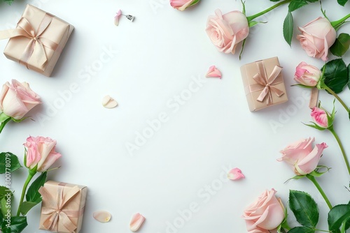 Flowers composition of pink roses and gift boxes on a white background, top view. Side flat lay frame made of eustomas and a presents with copy space. photo