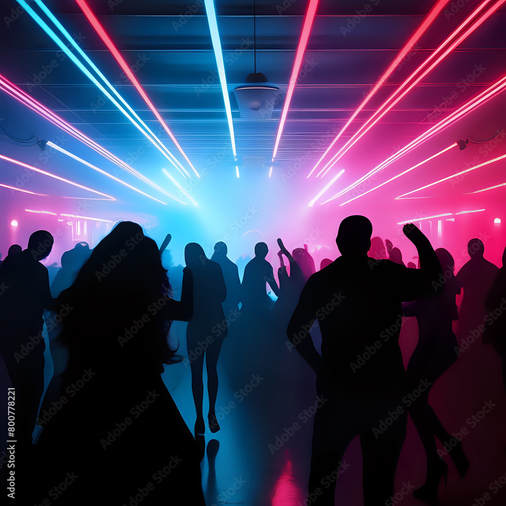 Silhouettes of people dancing in a club with neon lights - generated by ai