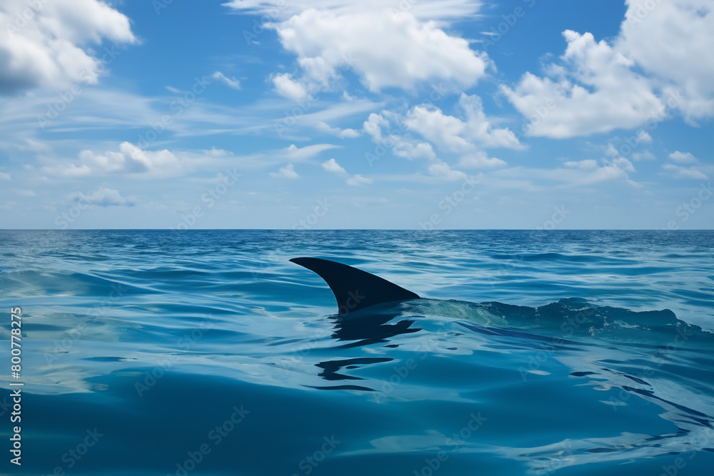 Fototapeta premium Shark fin on ocean surface in cloudy clear sky