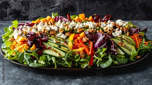 Deluxe salad platter with layers of fresh vegetables, creamy goat cheese, and nuts, isolated against a dark, moody background