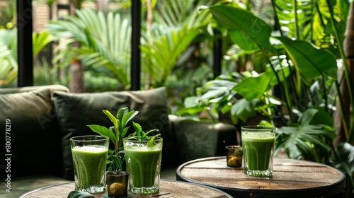 A cozy lounge area adorned with lush green plants where guests relax with glasses of freshly pressed green juice and ginger shots. © Justlight
