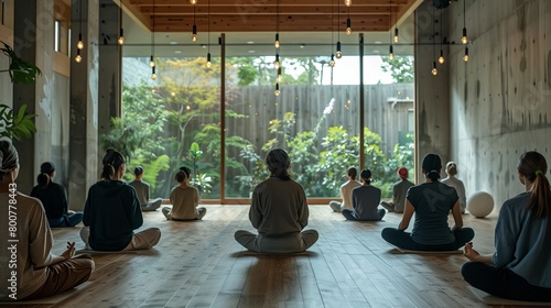 Meditation hall filled with natural light, participants seated in silence, focusing on mindfulness amidst minimalist decor photo