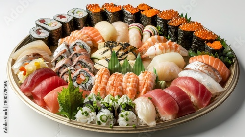 Elegant display of sushi platter, top view, assorted rolls, sashimi, nigiri, fresh seafood, neatly placed on minimalist plate, sticky rice, seaweed garnish, with ginger and wasabi