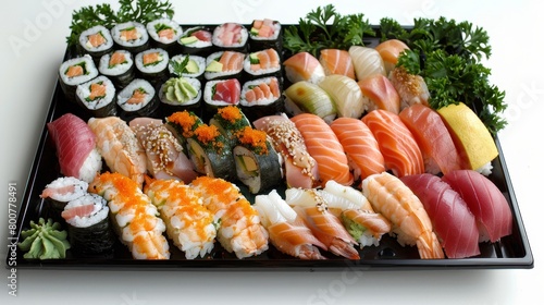 Elegant display of sushi platter, top view, assorted rolls, sashimi, nigiri, fresh seafood, neatly placed on minimalist plate, sticky rice, seaweed garnish, with ginger and wasabi