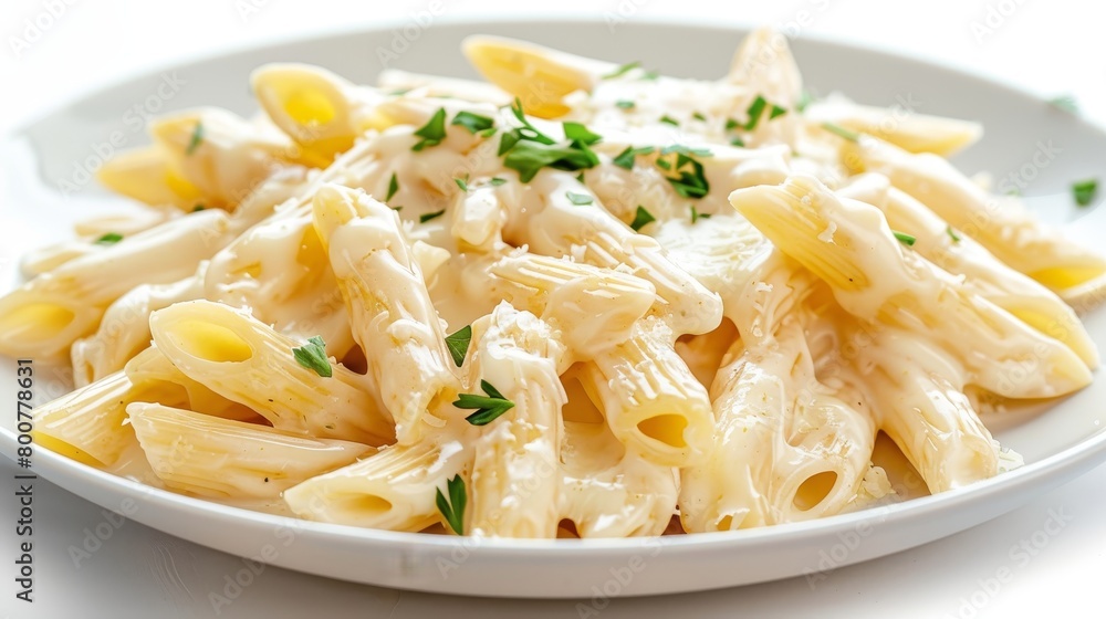 Elegant penne pasta coated in creamy Alfredo sauce, garnished with parsley on a white plate, isolated background Elegant penne pasta coated in creamy Alfredo sauce, garnished with parsley on a white plate, isolated background