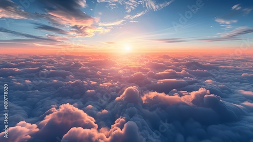 From the top view, the landscape boasts aerial clouds in the sky as a background. photo