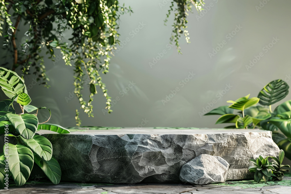 A stone pedestal with a green background and plants. stone podium for mockup.aigenerative A stone pedestal with a green background and plants. stone podium for mockup.aigenerative