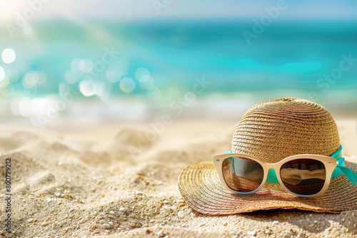 A blue pair of sunglasses and a straw hat are on the beach. summer holiday vocation .ai generative