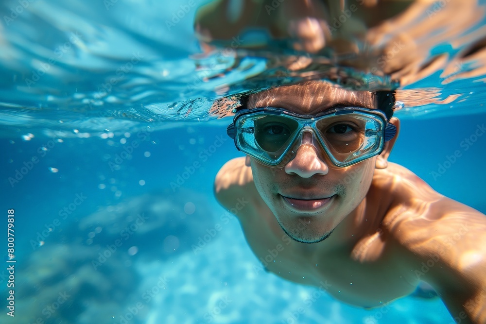A man wearing blue goggles is underwater.ai generative