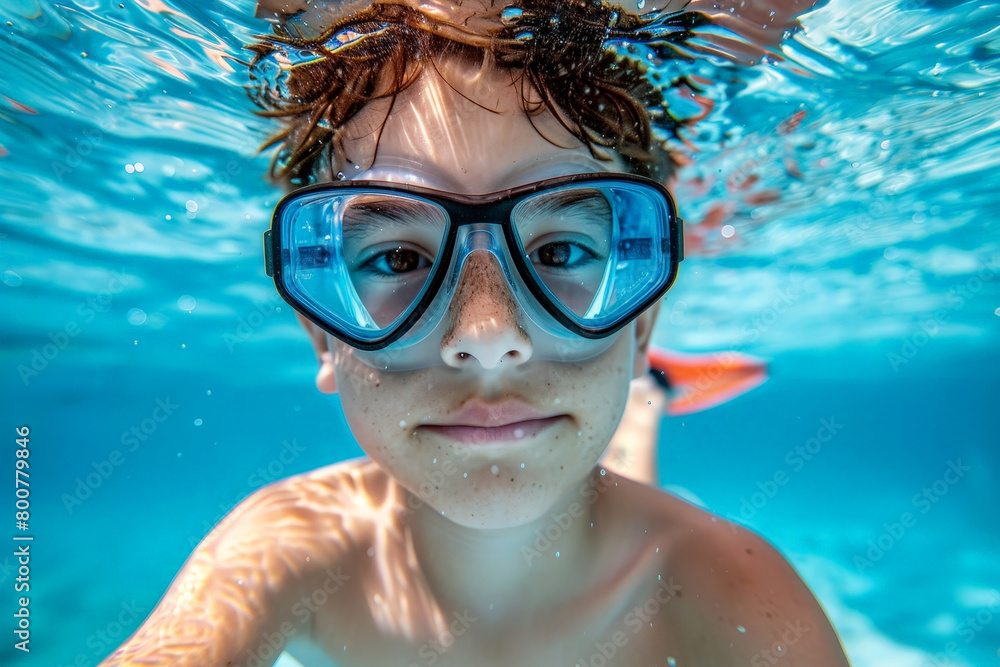 Fototapeta premium A young boy is swimming in a pool wearing goggles.ai generative