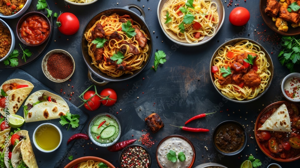 Global dining table from above, featuring al dente spaghetti carbonara, colorful Mexican taco platter, and a spread of Indian curries and biryanis, set on an elegant dark surface, studio lighting