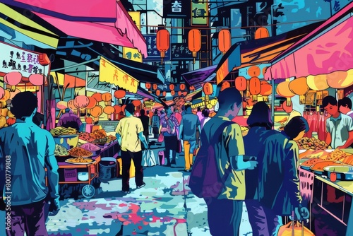 A bustling Asian market in pop art style, bold colors, stylized food stalls, and exaggerated figures