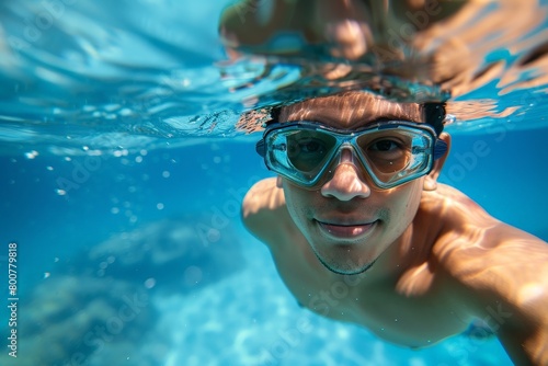 A man wearing blue goggles is underwater.ai generative