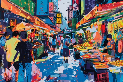 A bustling Asian market in pop art style, bold colors, stylized food stalls, and exaggerated figures