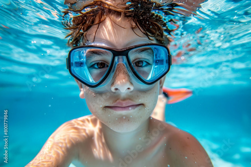 A young boy is swimming in a pool wearing goggles.ai generative