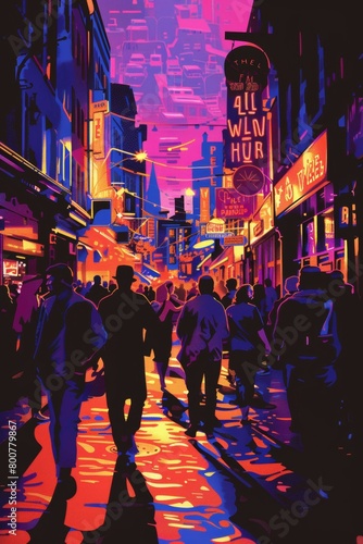 A bustling nightlife district in pop art style, crowds spilling out of bars, stylized figures, and neon lights
