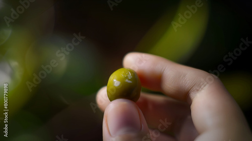 Nature's Touch: Single Olive Held Gently in Focus