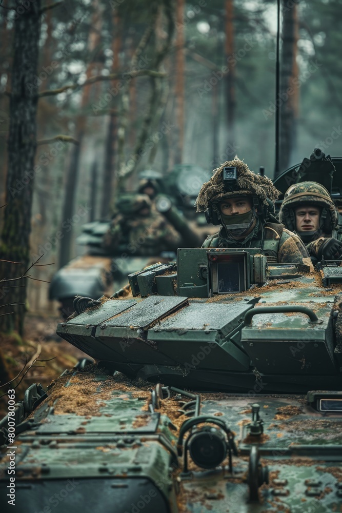 A close-up of an Military tank M1 Abrams crew emerging from a forest clearing The soldiers faces are camouflaged, their eyes scanning the surrounding treeline for potential threats