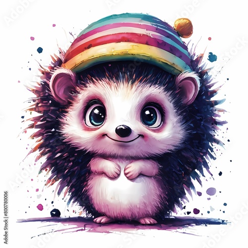 Watercolor, kawaii little hedgehog, abstract, with big eyes, white background, illustration1