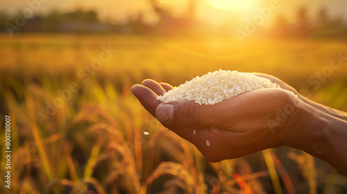 Harvest Glow: Handful of Rice Grains at Sunset
