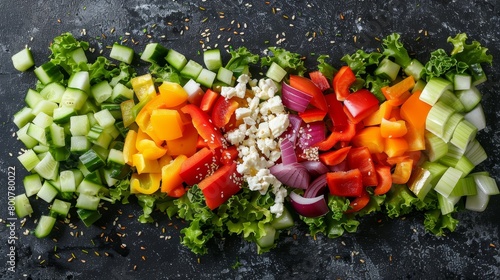 Fresh garden salad with a rainbow of chopped vegetables  sprinkled with feta  seeds atop  raw style studio shot  perfect for health blogs