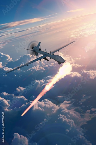 A combat drone firing a missile a plume of smoke trailing as it streaks towards a ground target photo