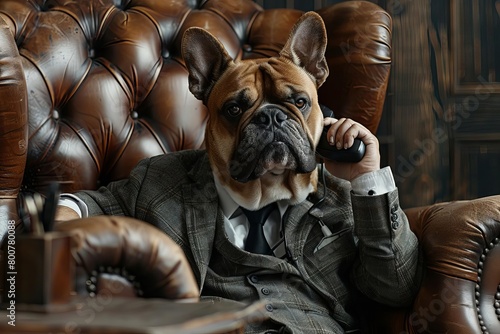 A bulldog CEO in a business suit, negotiating a tough deal over a phone call while sitting in a luxurious office chair