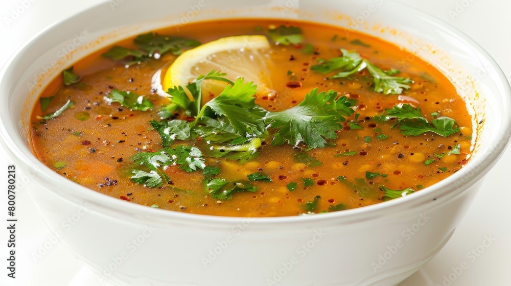 Freshly prepared lentil soup garnished with cilantro and a lemon wedge, captured in high detail against a clean, isolated background Freshly prepared lentil soup garnished with cilantro and a lemon wedge, captured in high detail against a clean, isolated background