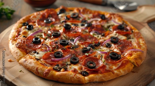 Freshly baked thin crust pizza with pepperoni, black olives, and red onion, spotlighted with soft studio lighting on a neutral backdrop