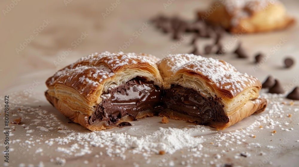 Fluffy chocolate pastry, sprinkled with icing sugar, half-cut to show molten core, soft beige background, studio illumination