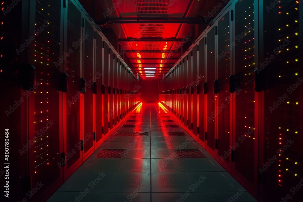 Fototapeta premium A dimly lit data center, endless rows of server racks stretching into the darkness, illuminated by status LEDs