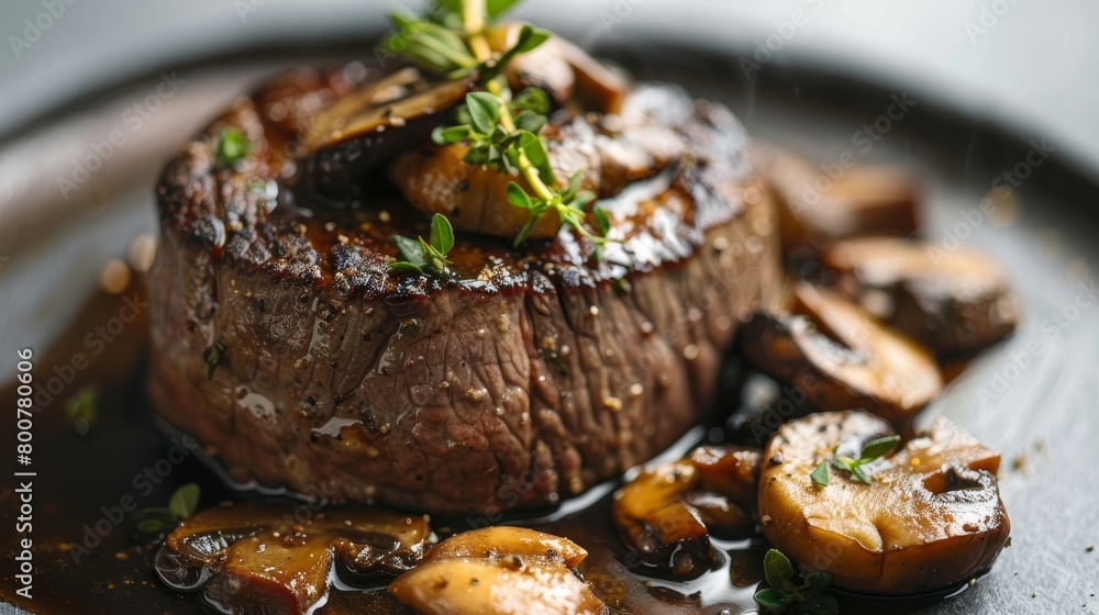 Filet mignon, tender and rich, garnished with a savory mushroom demi-glace, pure background, professional studio lighting, raw finish Filet mignon, tender and rich, garnished with a savory mushroom demi-glace, pure background, professional studio lighting, raw finish